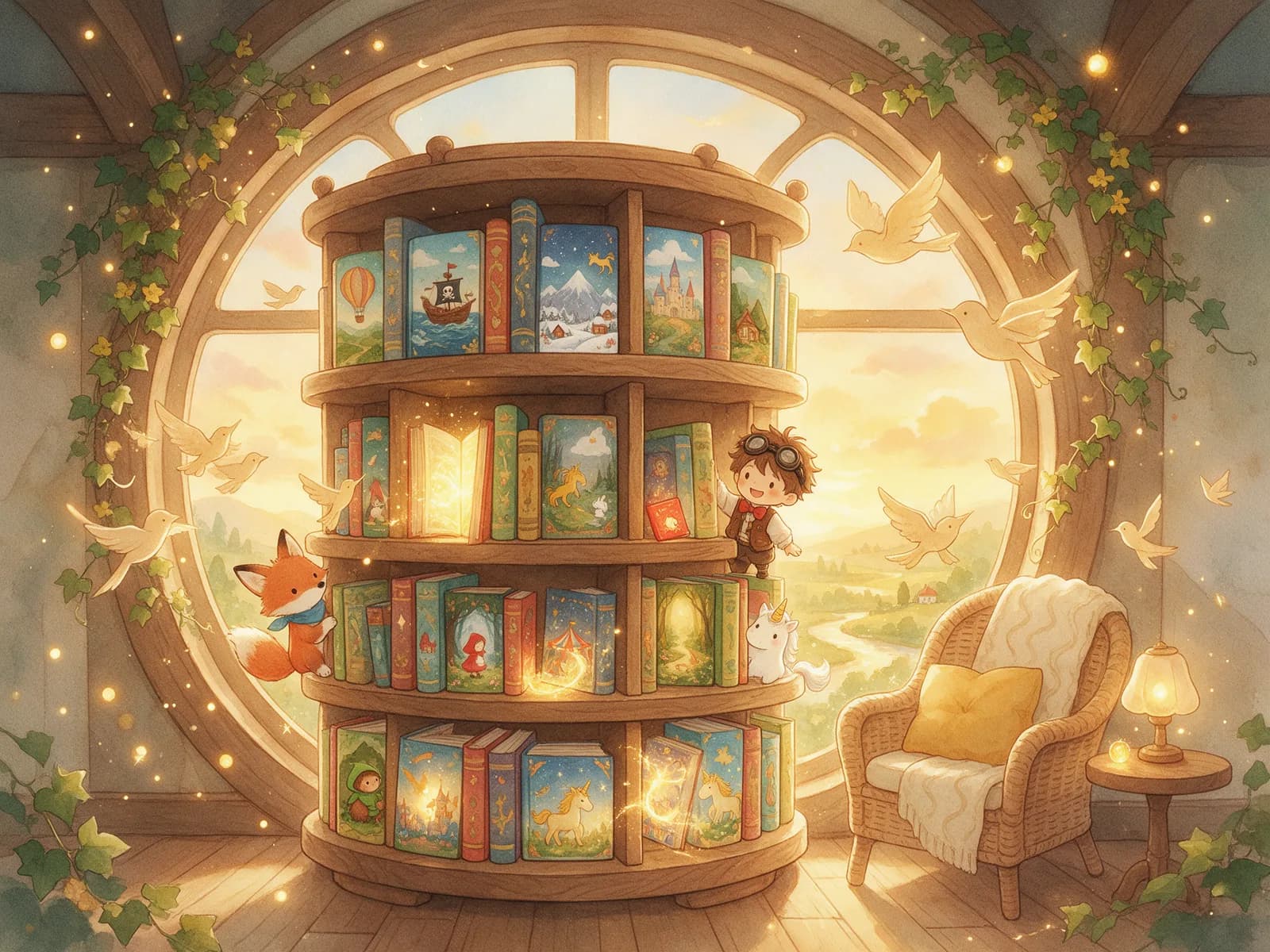 A round bookcase full of picture books in front of a large round window, with a fox, a unicorn and a boy reaching for a book